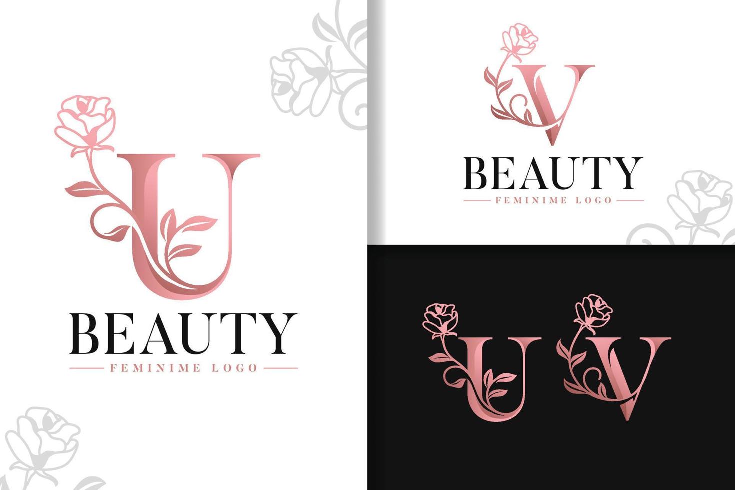 Feminine monogram rose gold logo letter u and v with flowers vector