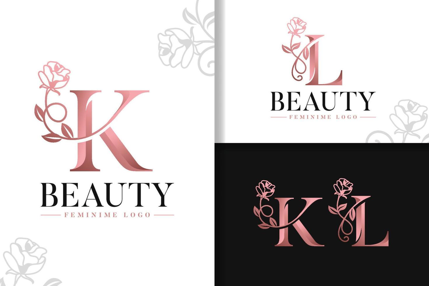 Feminine monogram rose gold logo letter k and l with flowers vector