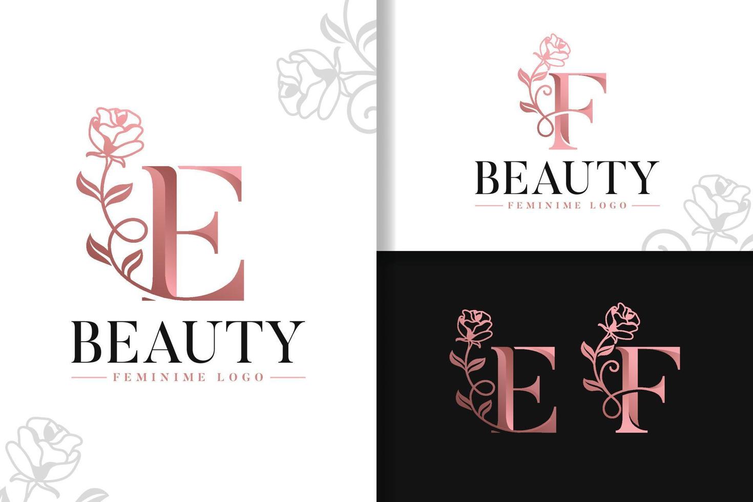 Feminine monogram rose gold logo letter e and f with flowers vector