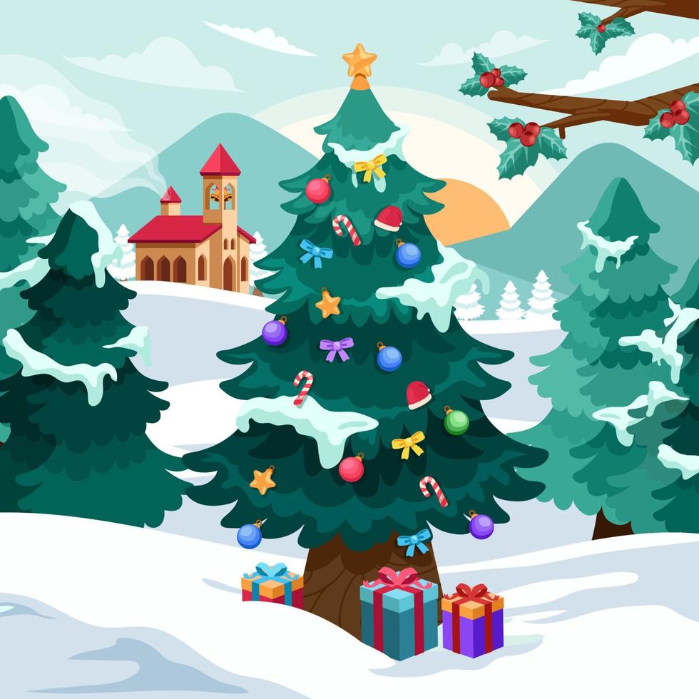 Snowy Christmas Tree at the Hill with Gifts and Church vector