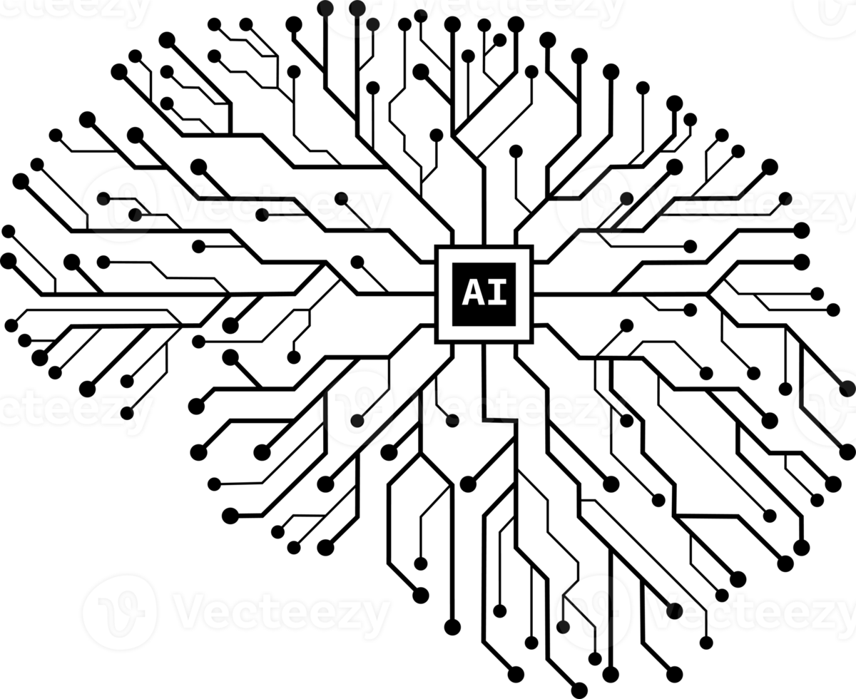 Brain in futuristic artificial intelligence design theme. Printed circuit board outline illustration for design element. Modern technology networking with ai processor png