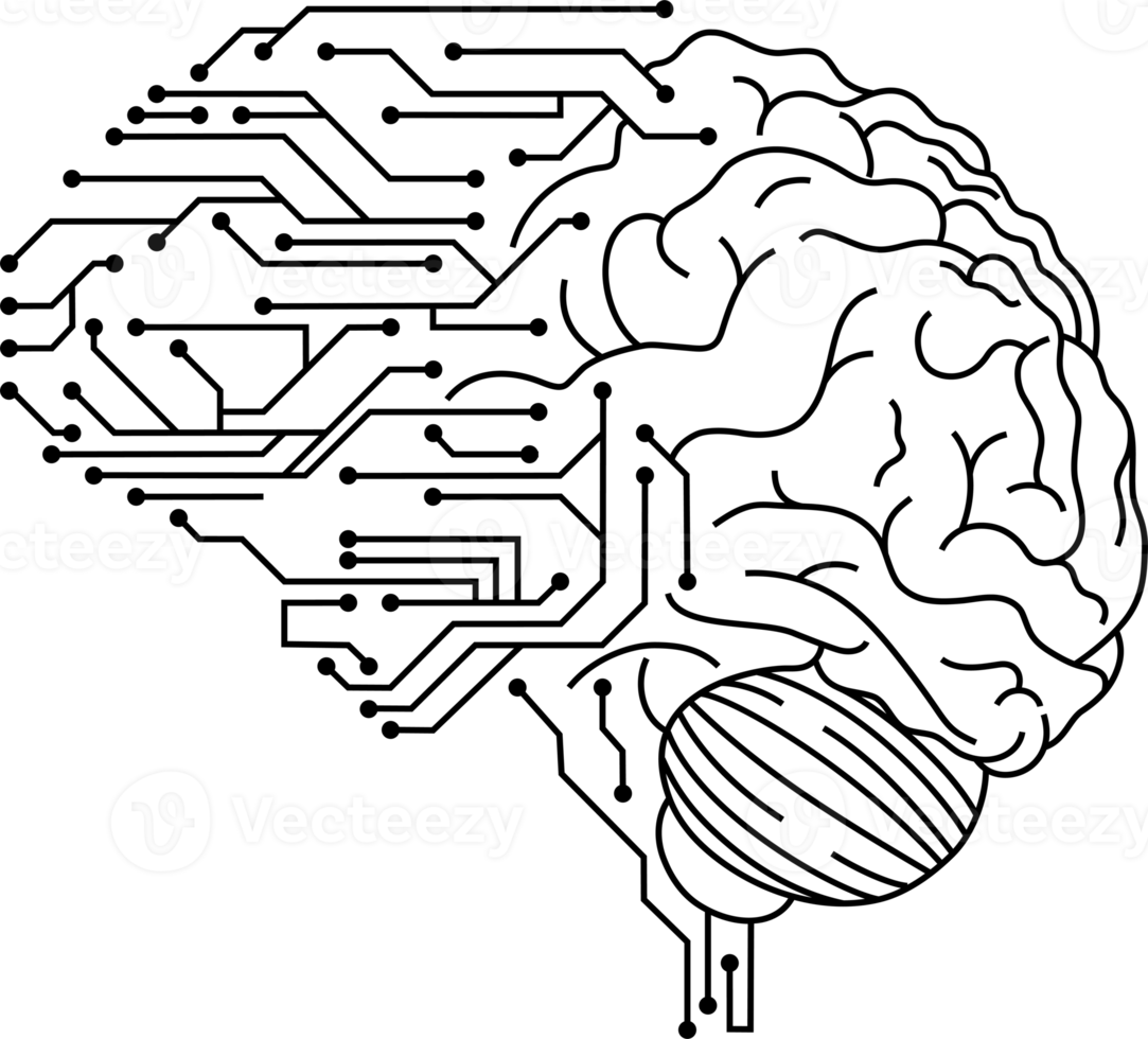 cerveau dans le thème de conception futuriste de l'intelligence artificielle. illustration de contour de carte de circuit imprimé pour l'élément de conception. mise en réseau de technologie moderne avec processeur ai png