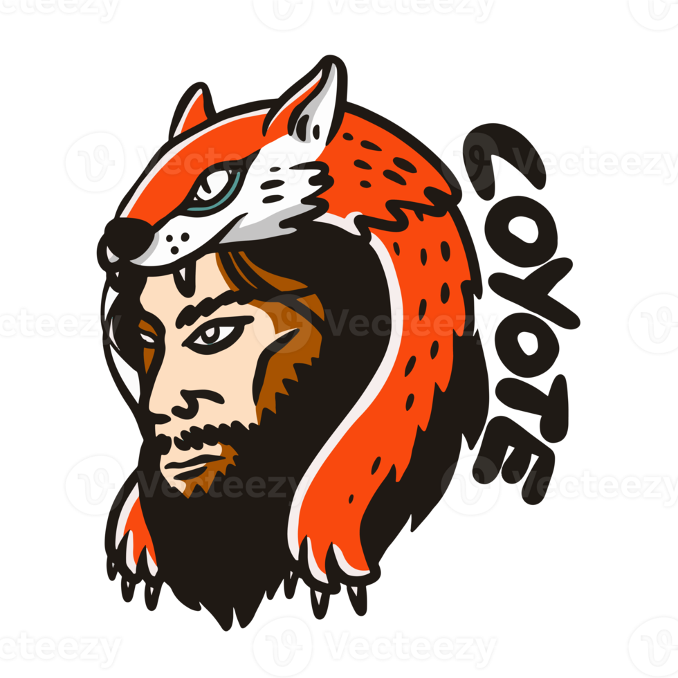 caveman head with fox illustration badge design png