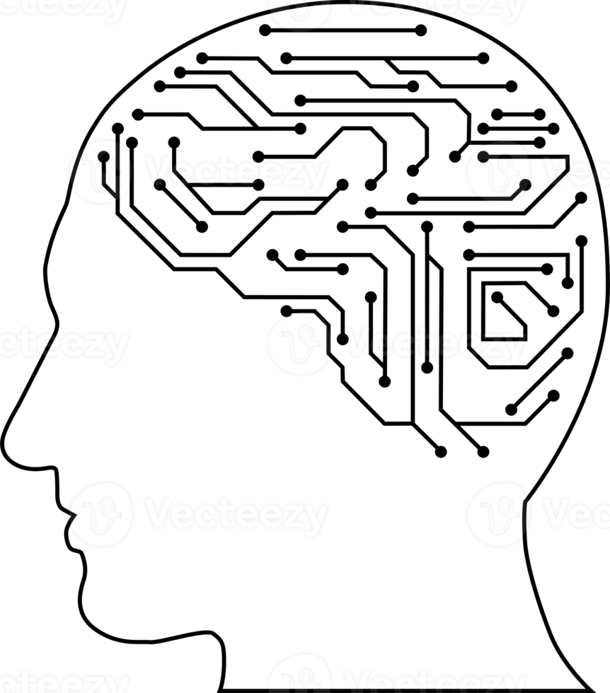 mänsklig huvud i trogen artificiell intelligens design tema. tryckt krets styrelse översikt illustration för design element. modern teknologi nätverkande med ai processor png