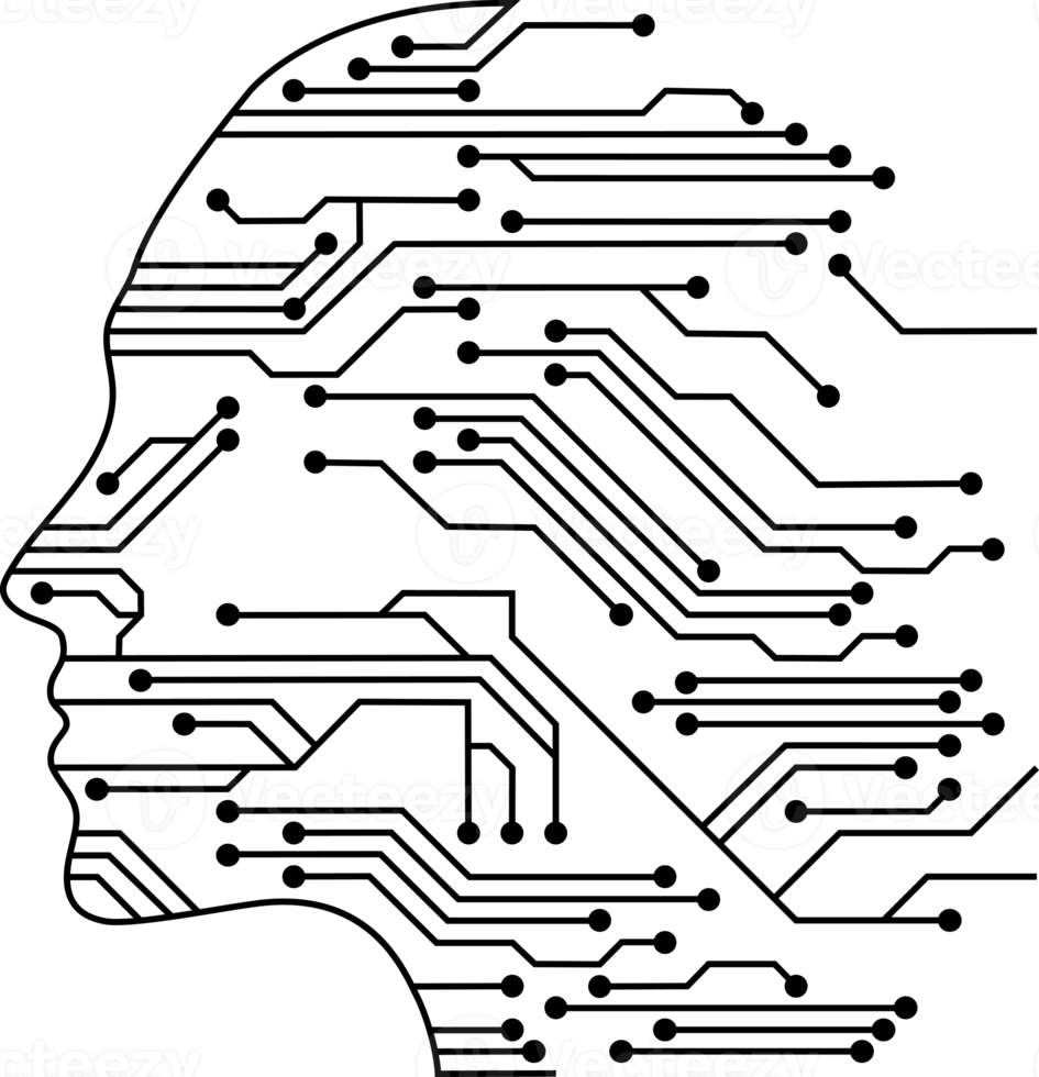 Human Head in futuristic artificial intelligence design theme. Printed circuit board outline illustration for design element. Modern technology networking with ai processor png