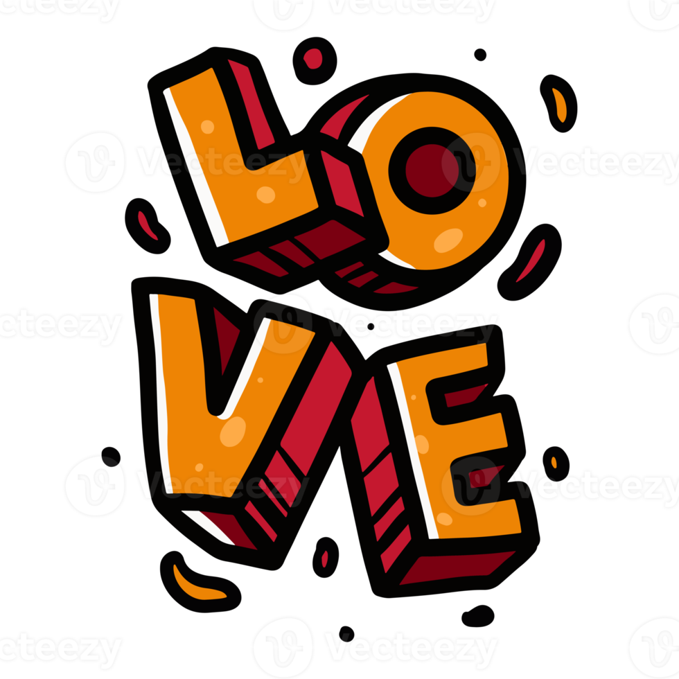 Love hand drawn text cartoon in flat stroke 3d illustration for design element png