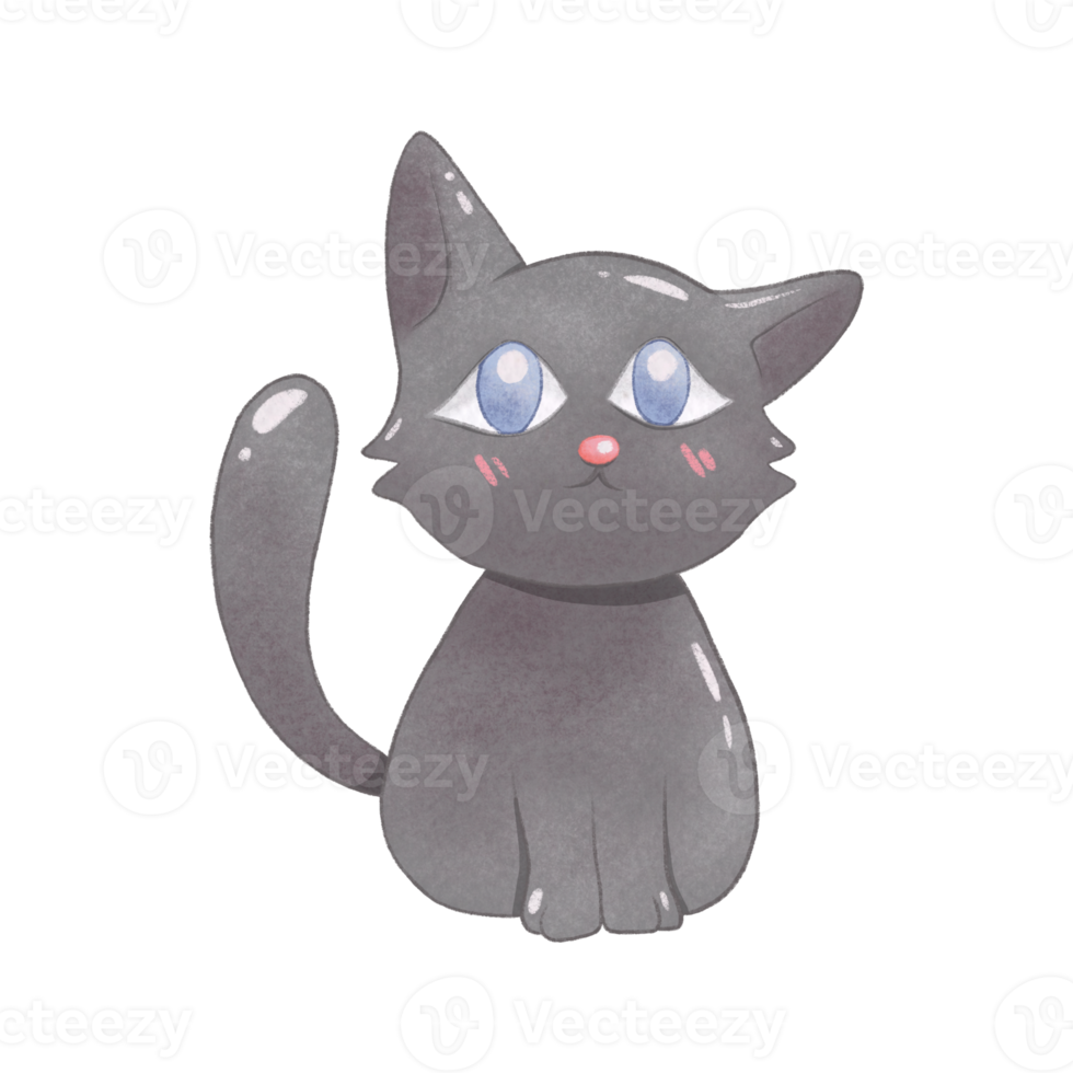 Black cat sit and smiling with paper texture. Raster png transparent illustration digital paint for decorate and any design.