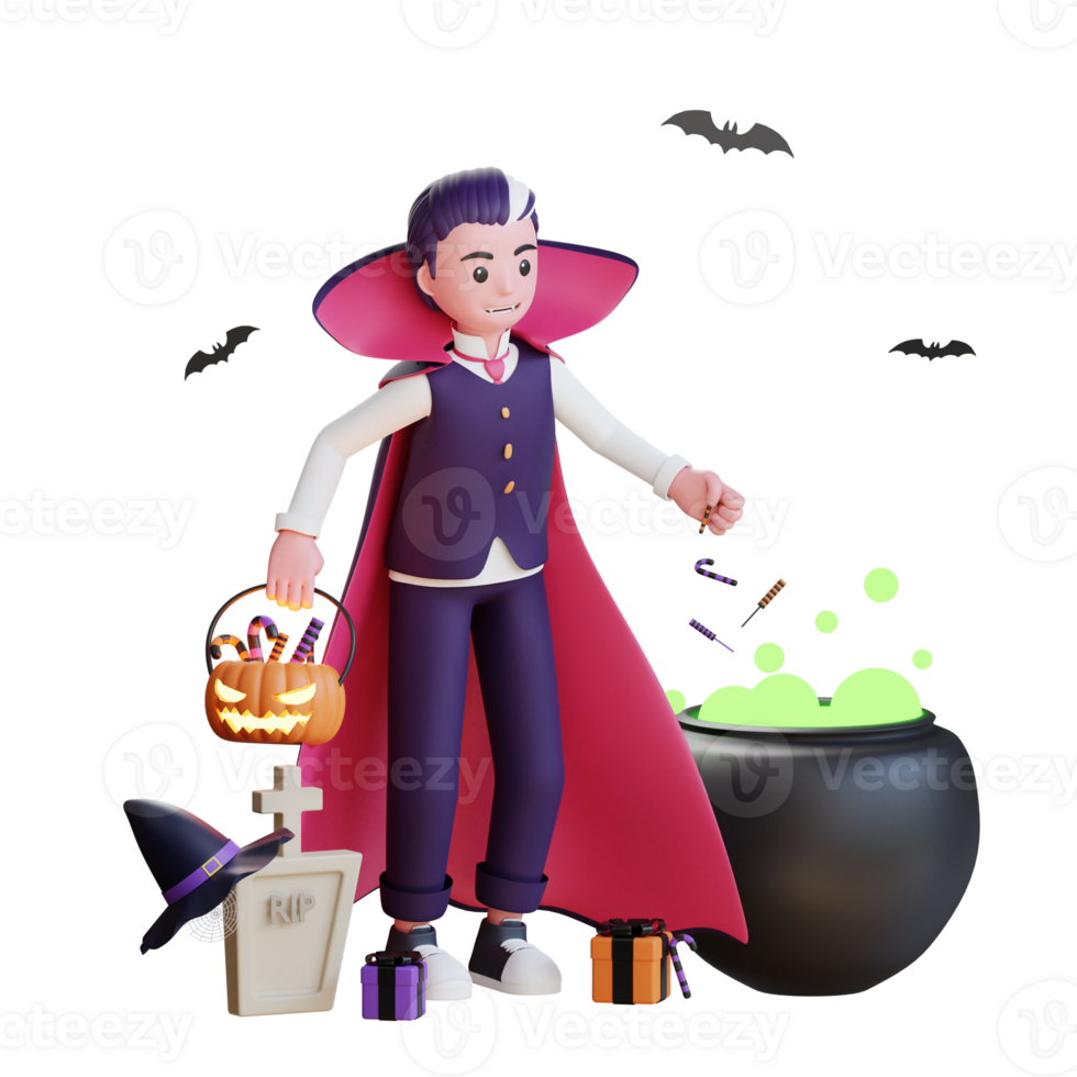 Ilustración de vampiro de halloween de personaje 3d png