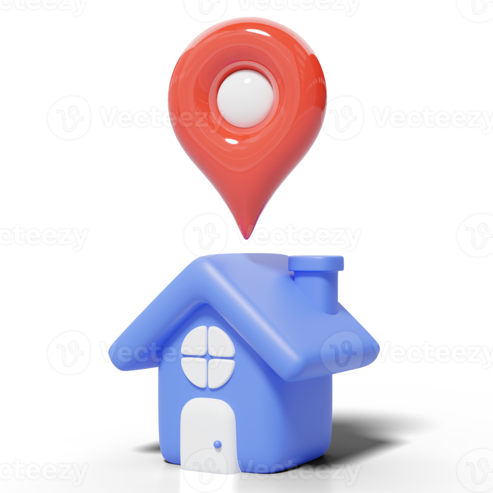 3d blue house, location pin icon. Red GPS navigator checking points floating on transparent. Business investment, real estate, mortgage, loan concept. Cartoon icon minimal style. 3d render png