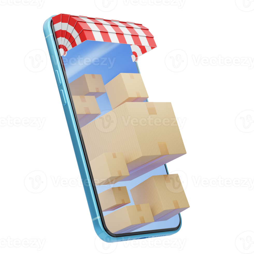 Realistic brown cardboard boxes flew out of phone with awning floating on transparent. Market online, E commerce, Fast delivery, express shipping concept. Smartphone with store front. 3d rendering png