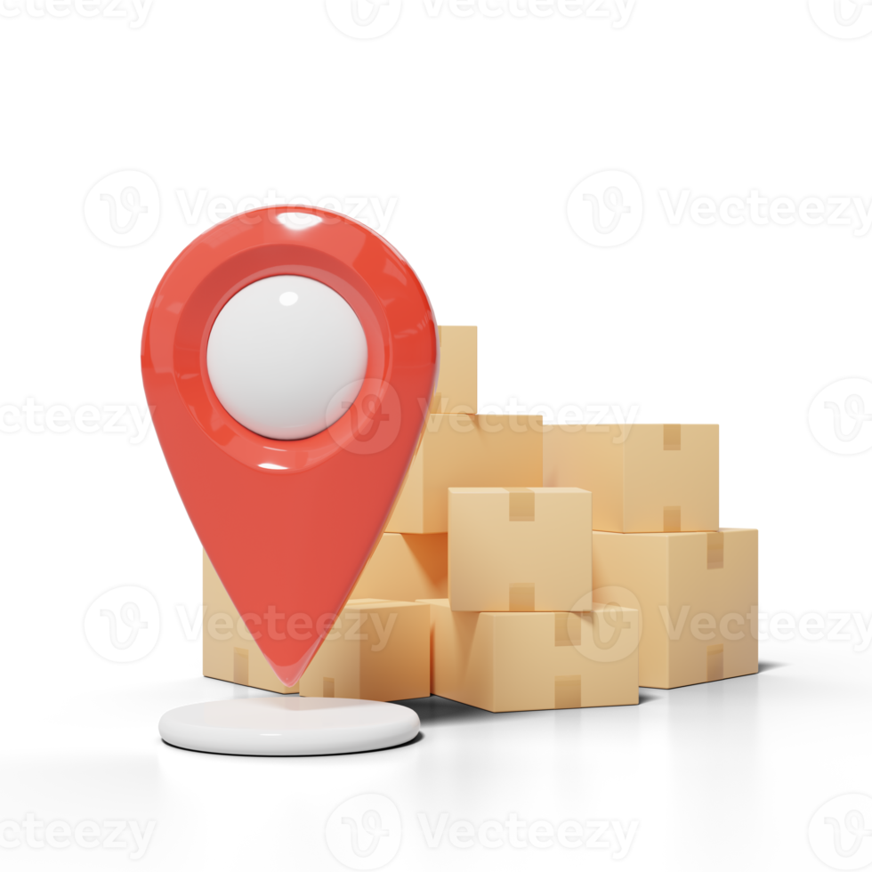 3d Red location map pin and box. Plastic realistic GPS navigator, Pile of stacked sealed cardboard boxes on transparent. Delivery, express shipping concept. Cartoon icon minimal style. 3d render. png