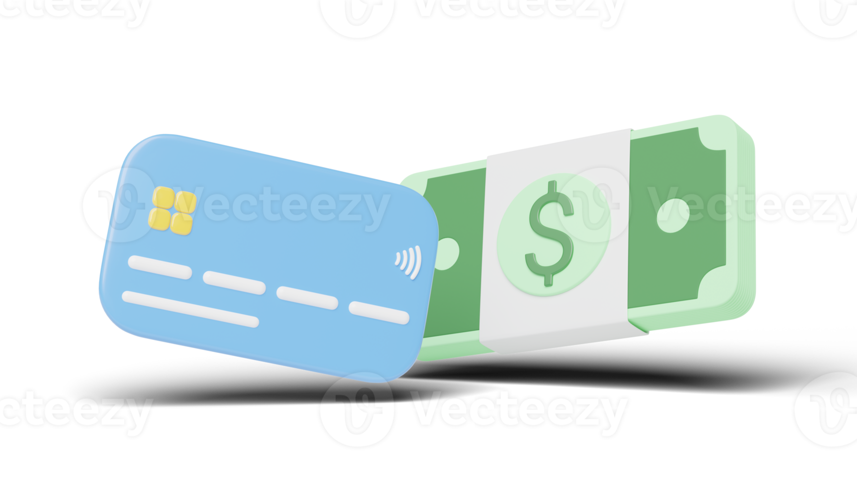 Credit card with Bundles cash floating on transparent. Mobile banking, Online payment service. Borrow money of business. Loan approval. Bonus cash back and refund. Cartoon cashback icon 3d render. png