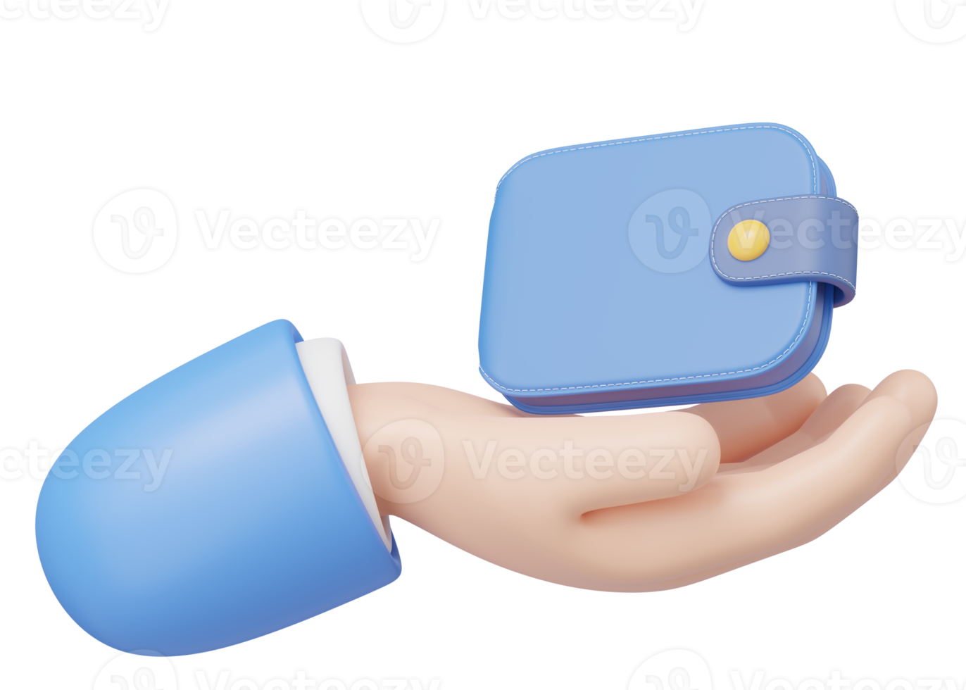 3D Wallet floating in hand isolated on transparent. Business man holding purse icon. Mobile banking, online service, cashback, refund, loan concept. Saving money wealth. Cartoon style. 3d render. png
