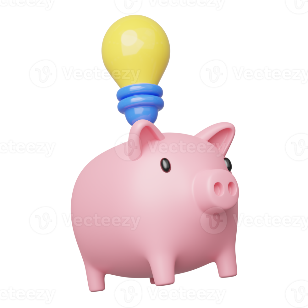 3D-Investment-Ideen-Symbol. rosa sparschwein, glühbirne schweben auf transparent. Sparen Sie Geld beim mobilen Banking. Online-Zahlungsdienst. Spardose sparen. Business-Cartoon-Stil-Konzept. 3D-Symbol rendern. png