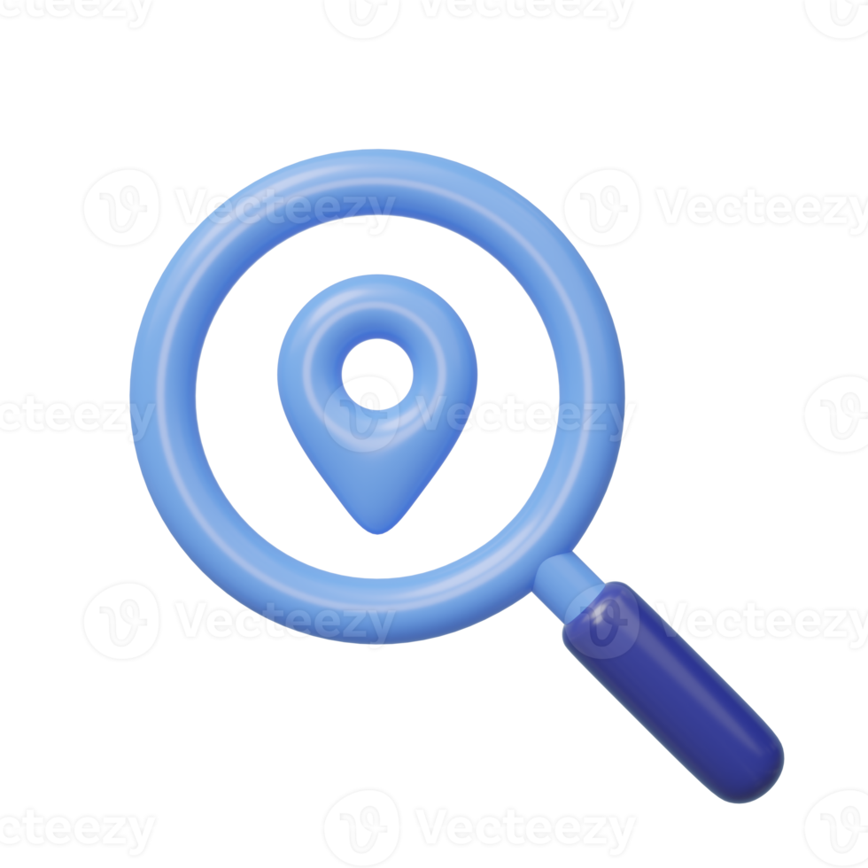 3D location map search icon. Magnifying glass, GPS navigator pin isolated on transparent. Search, find, discovery, research concept. Business cartoon icon minimal style. 3d render illustration. png