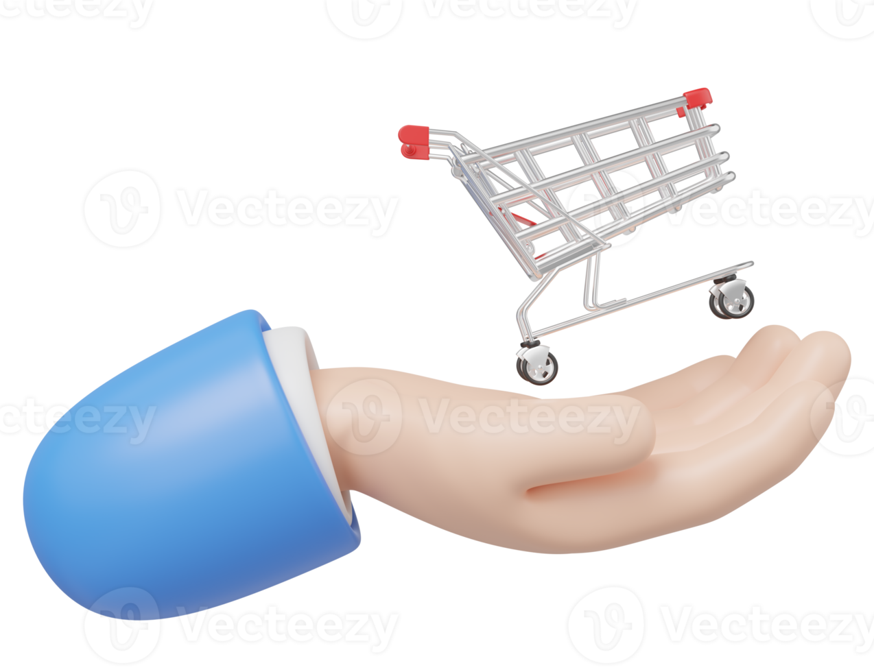 3d Hand hold shop trolley icon. White shopping cart floating hand isolated on transparent. Digital market online, e commerce concept. Sale promotion. Business cartoon style. 3d render. png