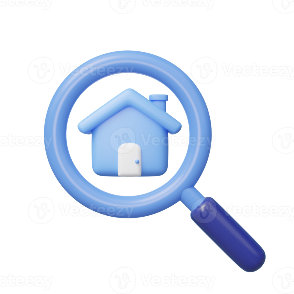 3D house search icon. Magnifying glass, cute home isolated on transparent. Business investment, real estate, inspection, find, research concept. Cartoon icon minimal style. 3d render illustration. png