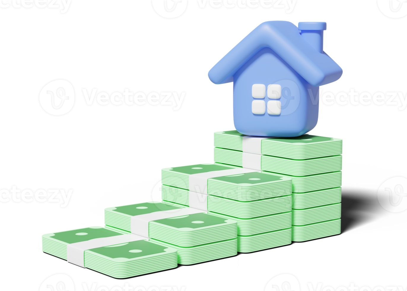 3d Blue house on bundles banknote stack. Home model icon with windows, cash dollar on transparent. Financial investment growth concept. Mockup cartoon icon minimal style. 3d render illustration png