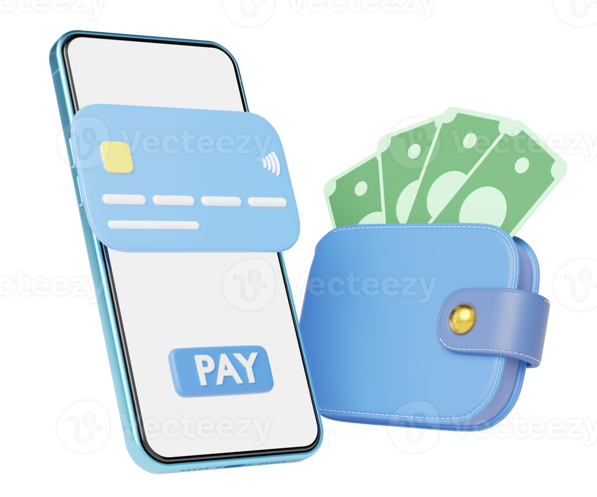 3d Phone with pay button credit card, wallet, bank floating on transparent. Mobile banking, Online payment service. Withdraw money, Easy shop, Cashless society concept. Cartoon minimal 3d render. png