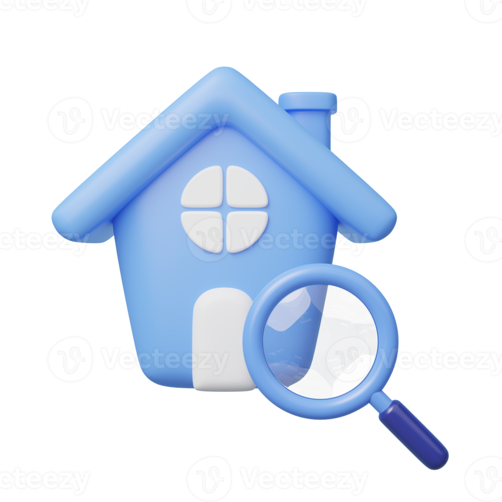 3D house search icon. Cute home, Magnifying glass isolated on transparent. Business investment, real estate, inspection, find, research concept. Cartoon icon minimal style. 3d render illustration. png