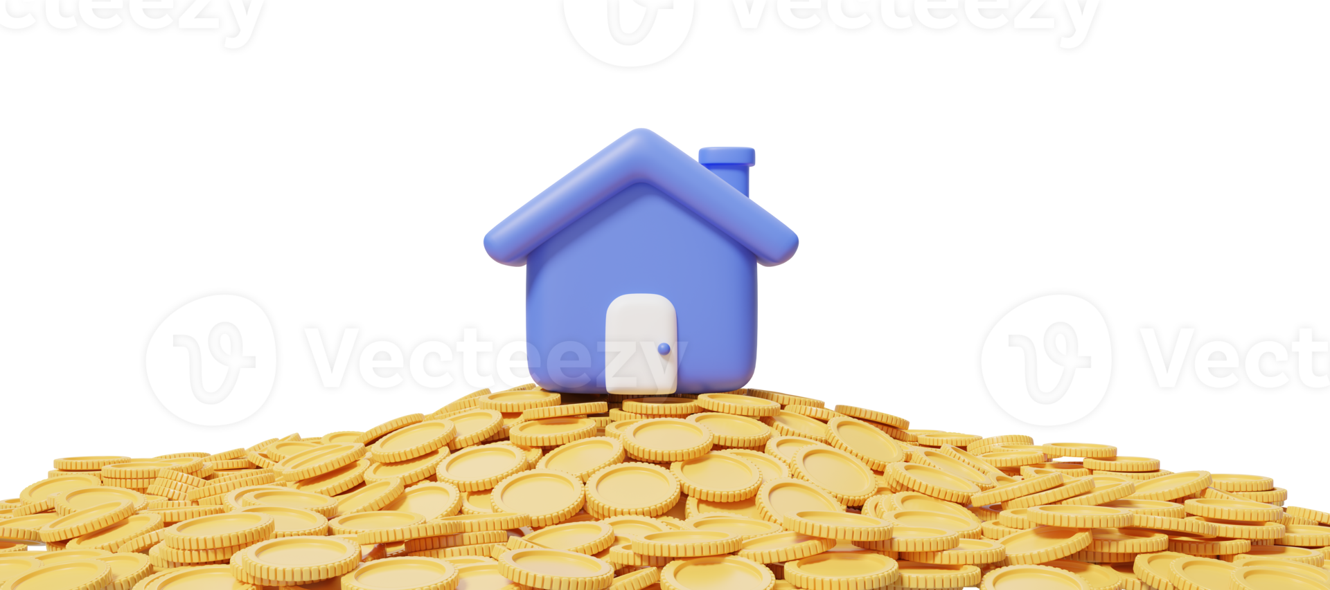 3d blue house on a pile of coins. Home model with door icon on transparent. Financial investment growth concept. Mockup cartoon icon minimal style. 3d render illustration. png