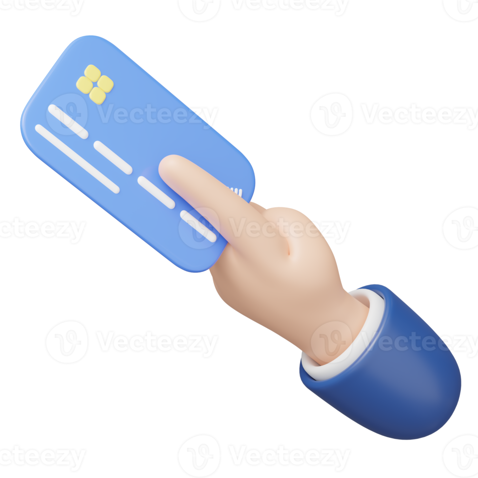 3D Hand holding Credit card and floating isolated on transparent. Online store credit card or debit cards accept. Withdraw money, Easy shopping, Cashless society concept. Cartoon minimal 3d render png