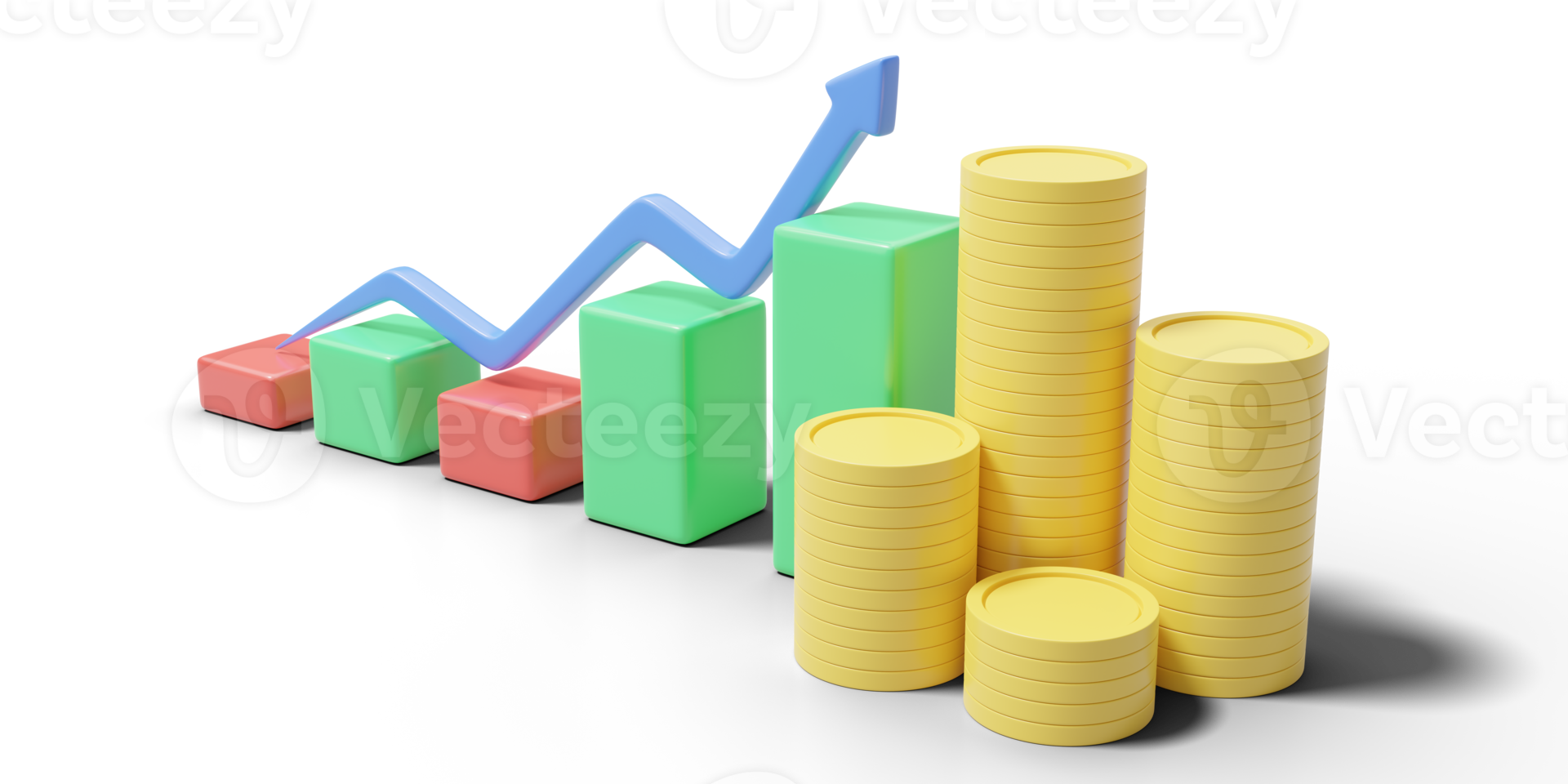 Business graph growth with higher arrow on transparent. Minimal coin stacks. Financial investment trade, saving money concept. Dashboard finance report. Bank deposit in mobile banking. 3d render png