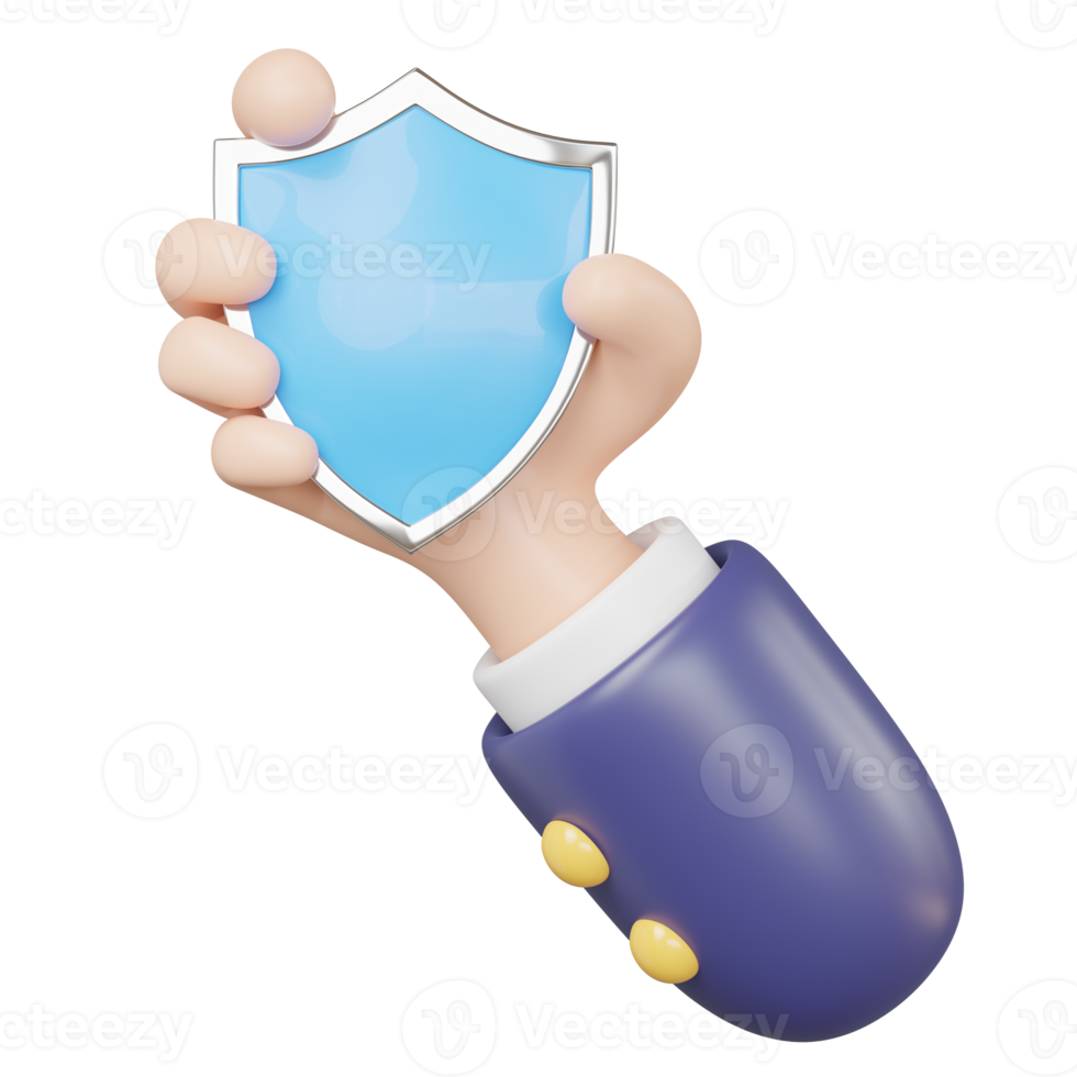 3d Data security protection icon. Businessman hand holding shield floating on transparent. Protect business data network security computer concept. Cartoon minimal style. 3d render illustration. png