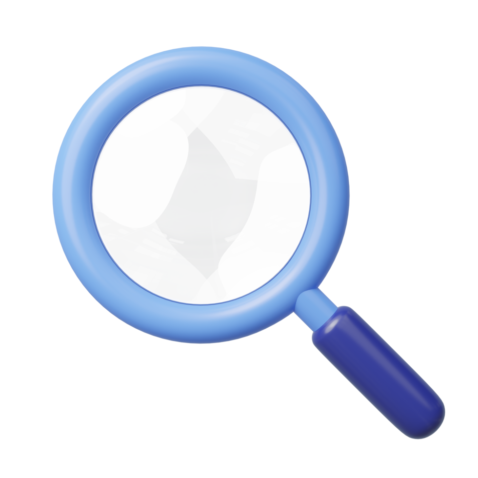 3D-Icon-Suche. lupenlinse für zoom isoliert auf transparent. browsersuche, finden, entdecken, recherchieren, inspektionskonzept. minimaler stil der geschäftskarikaturikone. 3D-Darstellung. png