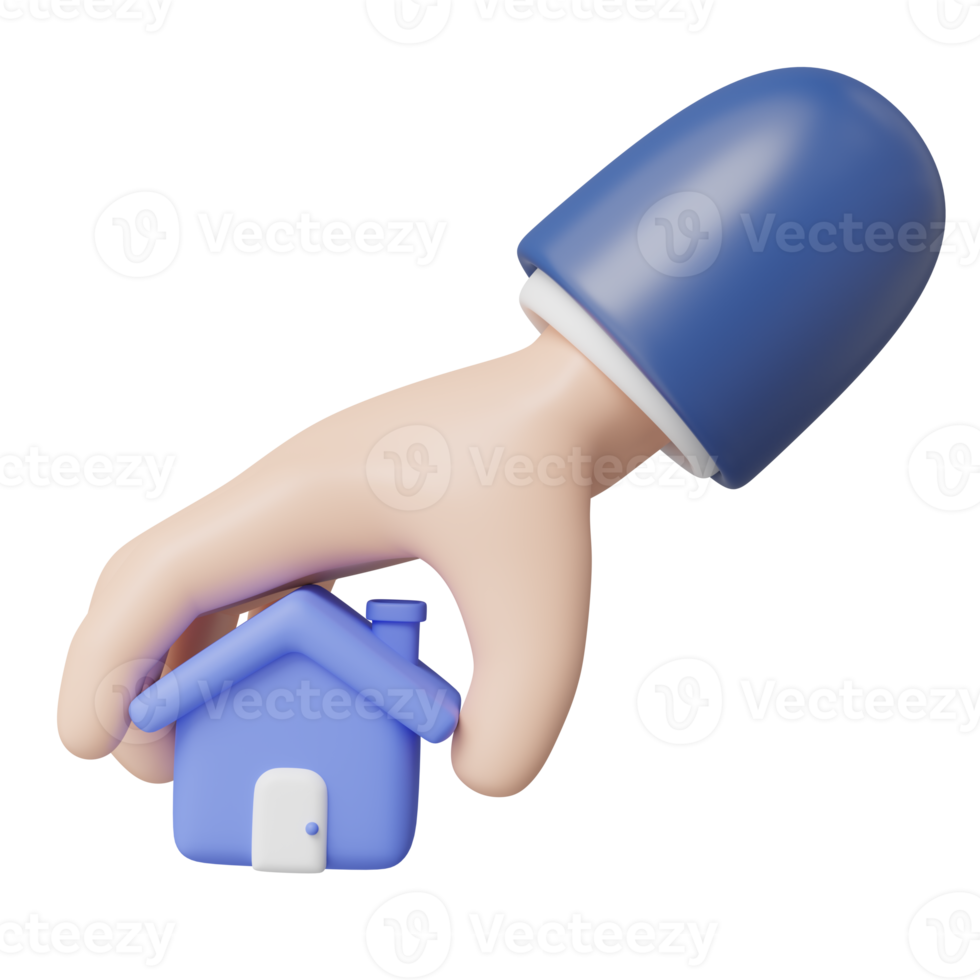main 3d ramasser l'icône de la maison. main tenant la maison isolée sur transparent. investissement, immobilier, hypothèque, offre d'achat, achat de maison, concept d'employé de prêt. icône minimale de dessin animé de maquette. rendu 3D. png