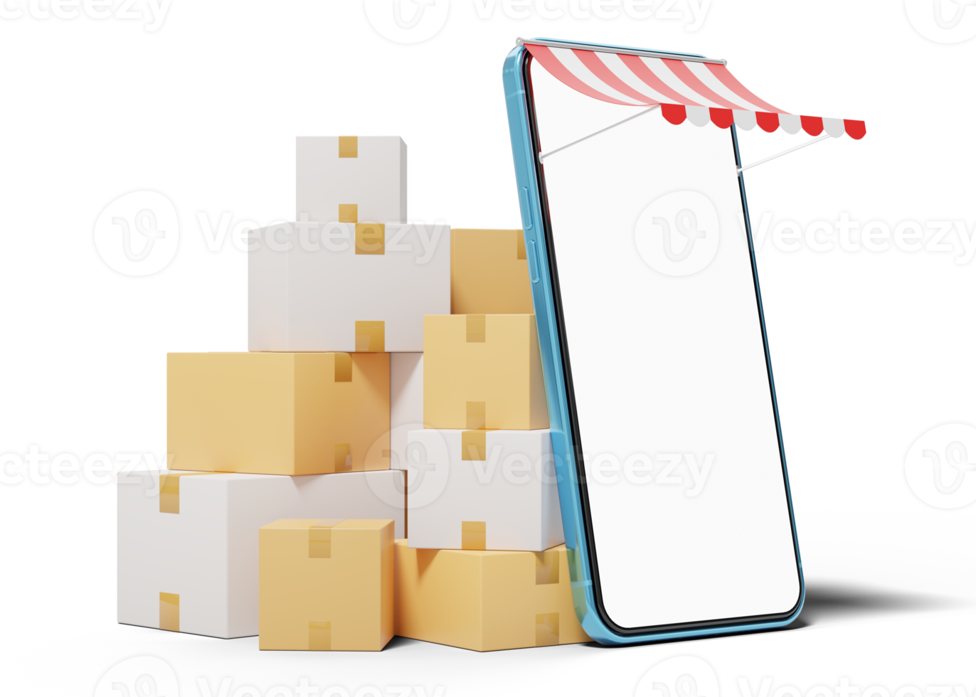 3d smartphone with awning on transparent. Pile of stacked cardboard boxes. Mobile phone with blank white screen, store front. Delivery, express shipping concept. Cartoon icon minimal. 3d render. png