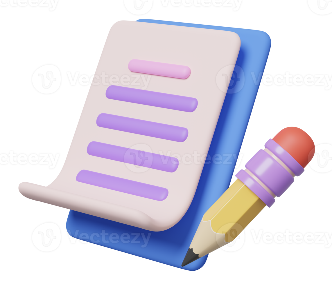 3D leeres weißes Blatt, Klemmbrett und Bleistift, die auf transparent schweben. Copywriting, Notizblock, Schreiben auf Dokument, Notizen, Projektplankonzept. karikaturikone minimaler stil. 3D-Darstellung png