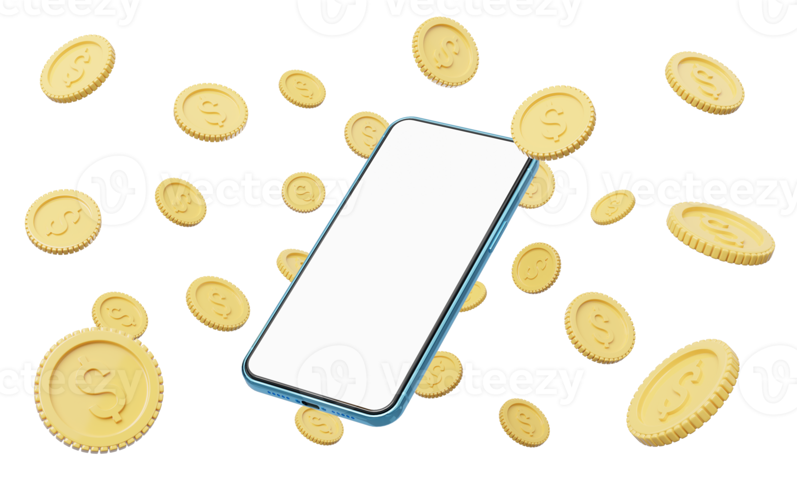 Gold coin spread flew out of phone on transparent. Mobile banking and Online payment service. Saving dollar wealth and business financial concept. Smartphone money transfer online. 3d render. png