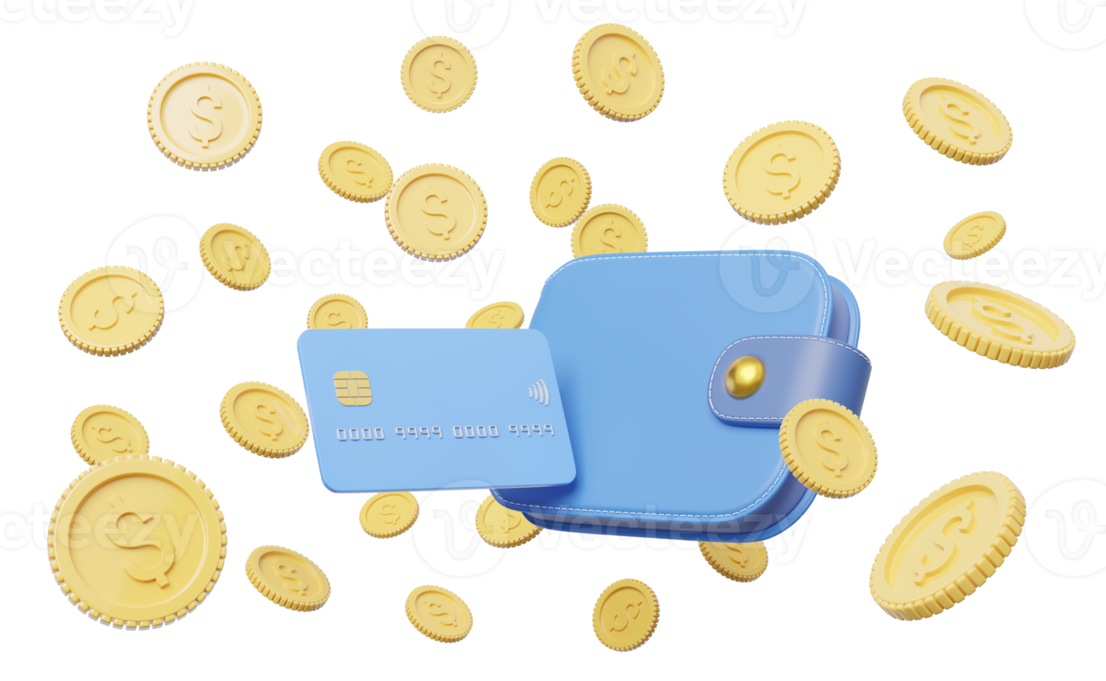 goud dollar munt verspreiding vloog uit van portemonnee en credit kaart vlotter Aan transparant. mobiel bank en online betaling onderhoud. besparing geld rijkdom en bedrijf financieel concept. 3d veroorzaken. png