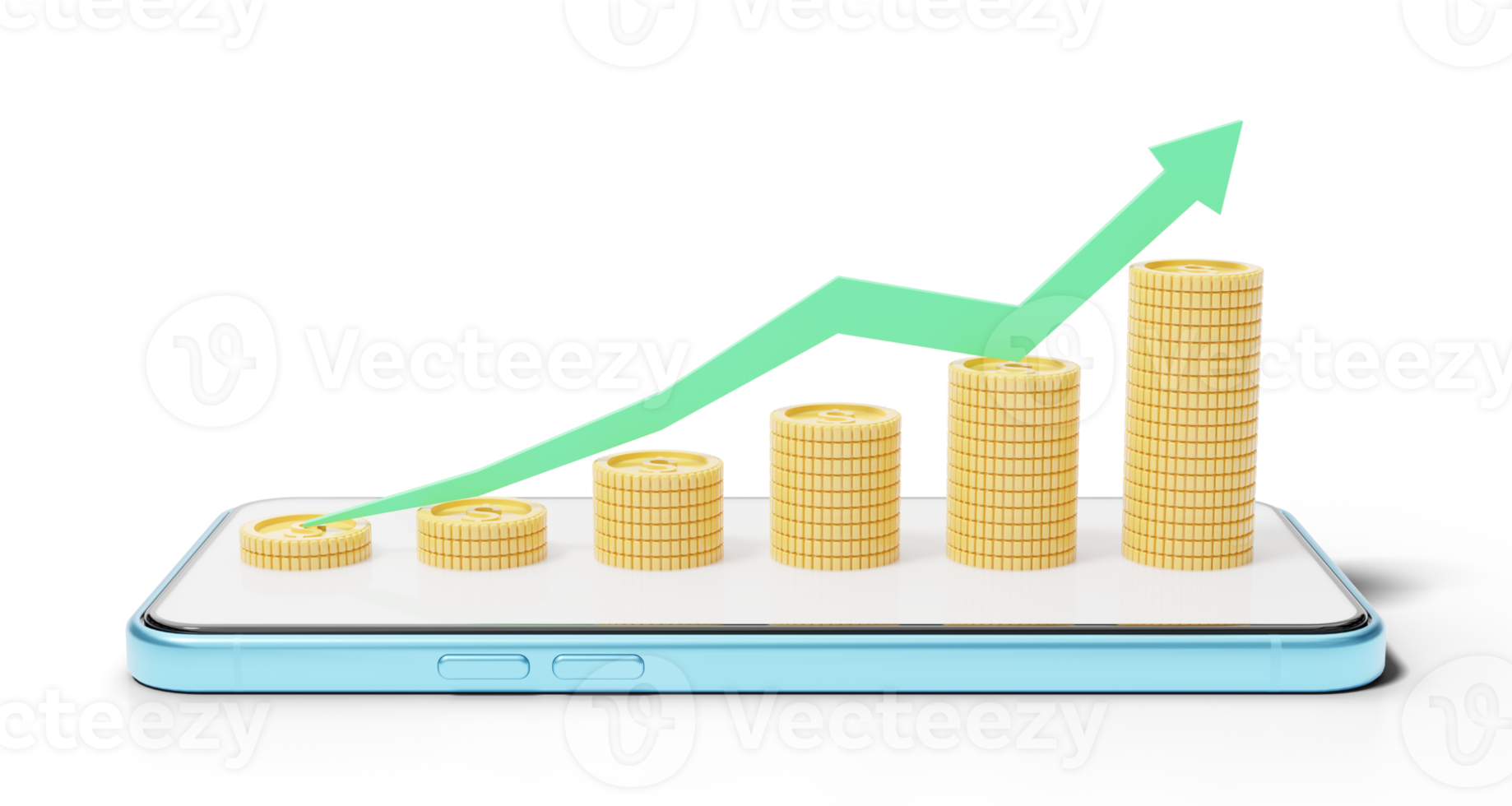 Gold coins stack graph with green arrow up on blue phone. Mobile banking and online payment service, e commerce. Steps to success. Saving wealth and business financial concept. 3d render png