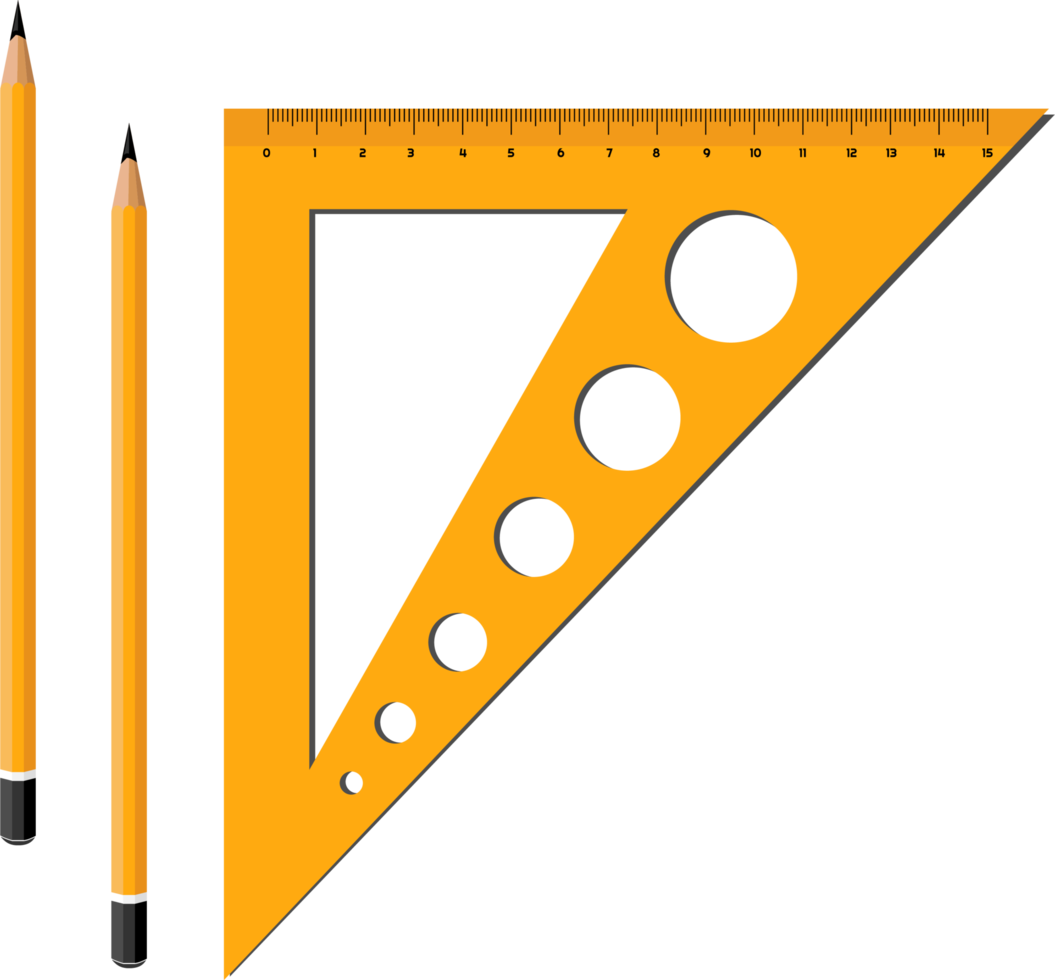 Geometric triangle in orange for drawing shapes with a set of circles different sizes two pencils png