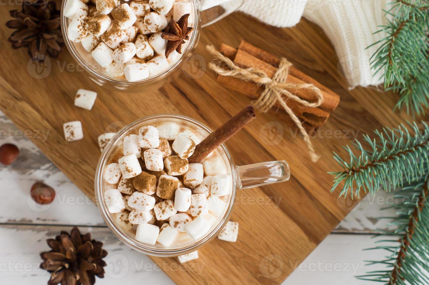 vista superior de la bebida de chocolate con malvaviscos, palitos de canela, conos y ramas de abeto. el concepto de vacaciones acogedoras de navidad y año nuevo. foto