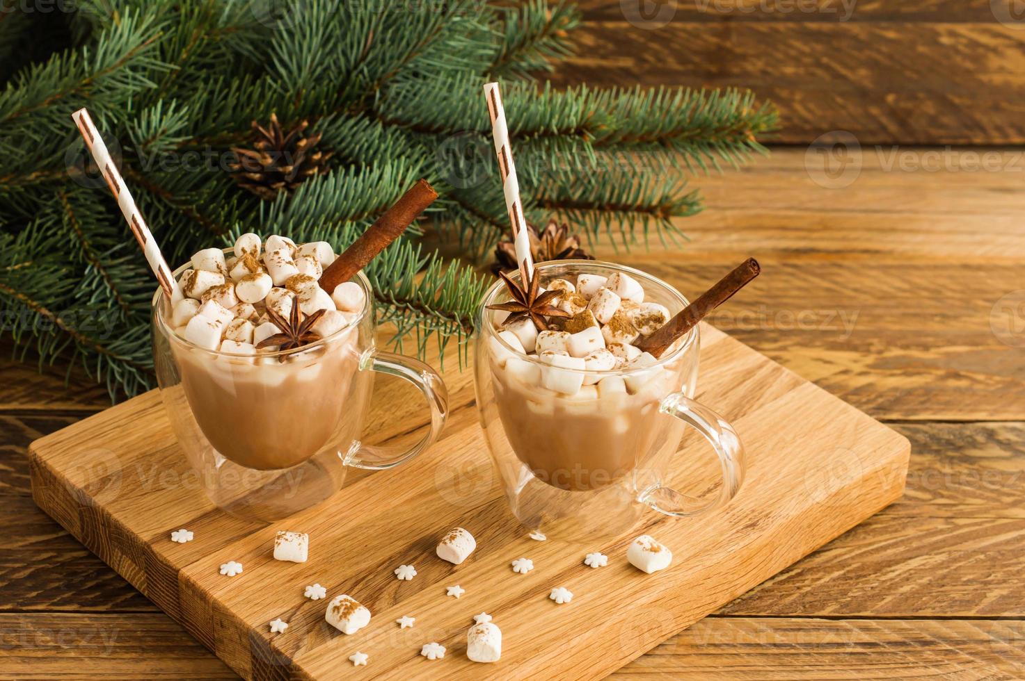 chocolate drink or hot chocolate with marshmallows in glass cracks on a wooden board against the background of a green branch of spruce. photo