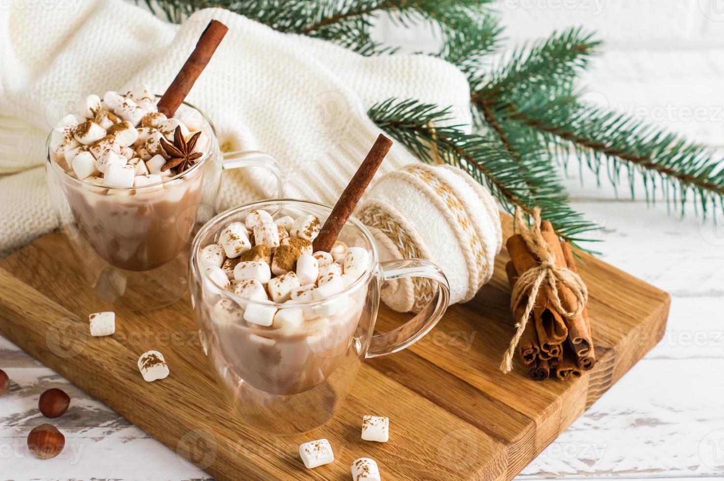 traditional Christmas drink - hot chocolate or cocoa with marshmallows against the background of a warm knitted sweater and a green branch of spruce. photo