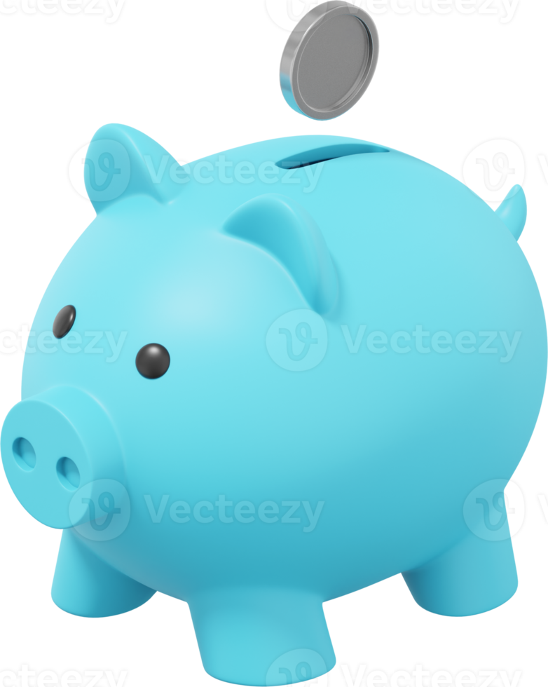 Blue piggy bank, dropping coins. PNG icon on transparent background. 3D rendering.