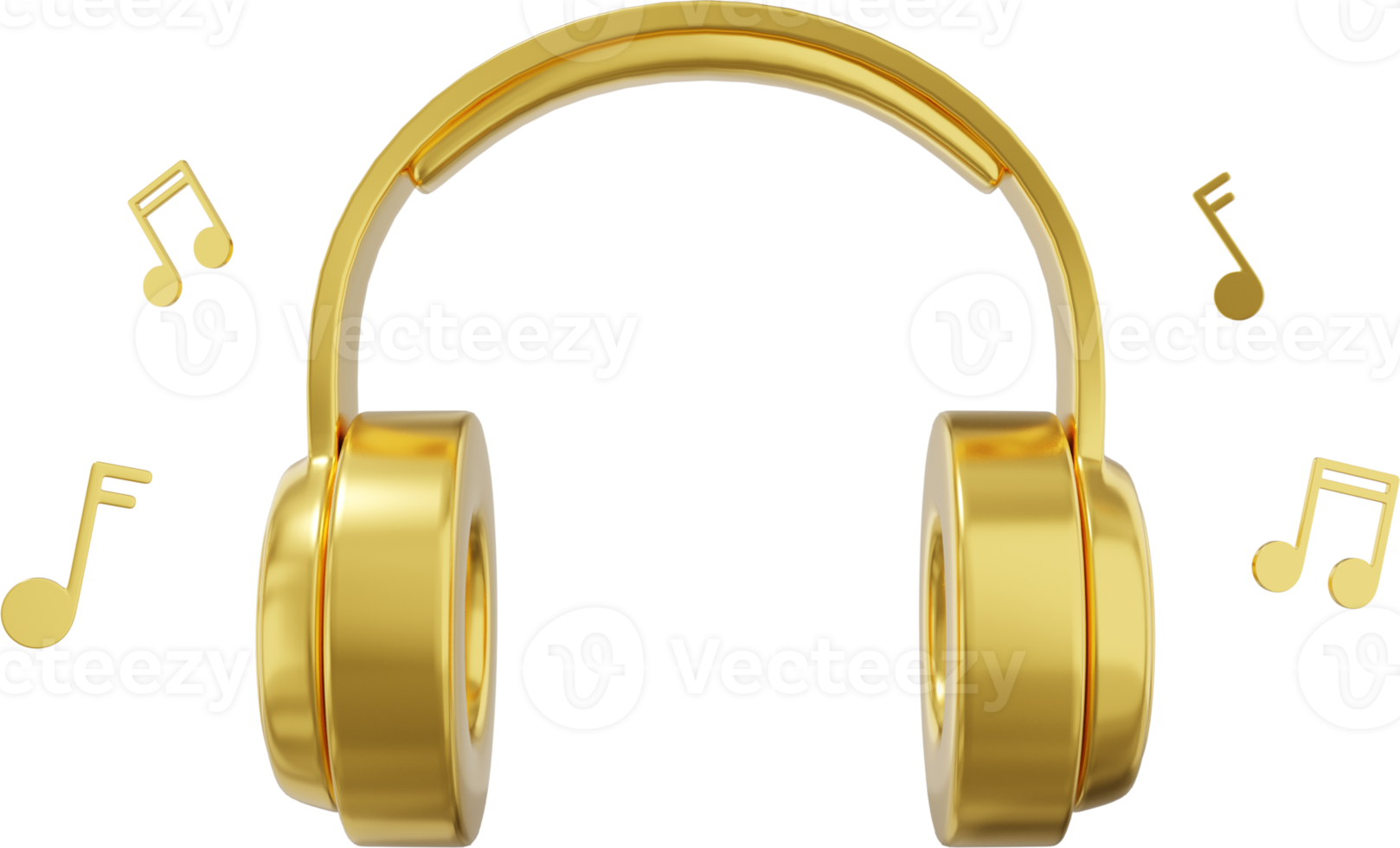 Wireless headphones and flying music notes front view. Gold PNG icon on a transparent background. 3D rendering.