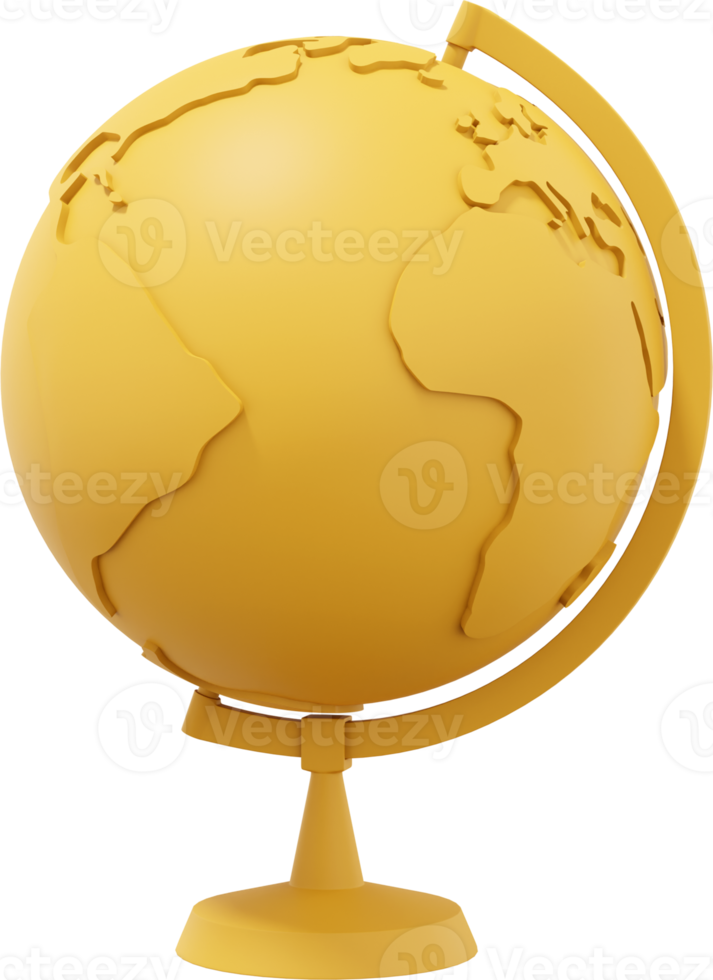 Globe Earth on a stand. Minimalist cartoon. Yellow PNG Isolated icon on transparent background. 3D rendering.