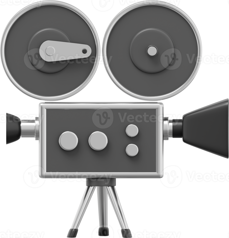 Vintage black cartoon style movie camera. Funny retro video camera. 3D rendering. PNG icon on transparent background