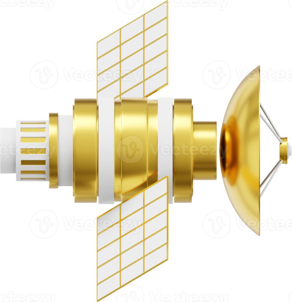 satélite espacial com uma antena. inteligência de estação de comunicação orbital, pesquisa. renderização 3D. ícone de png de ouro metálico em fundo transparente.