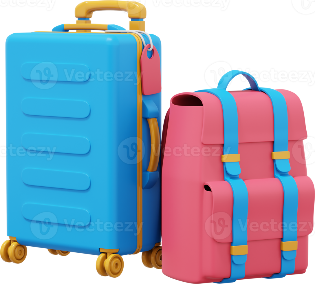 maleta de viaje con ruedas y mochila de viaje. icono png sobre fondo transparente. representación 3d