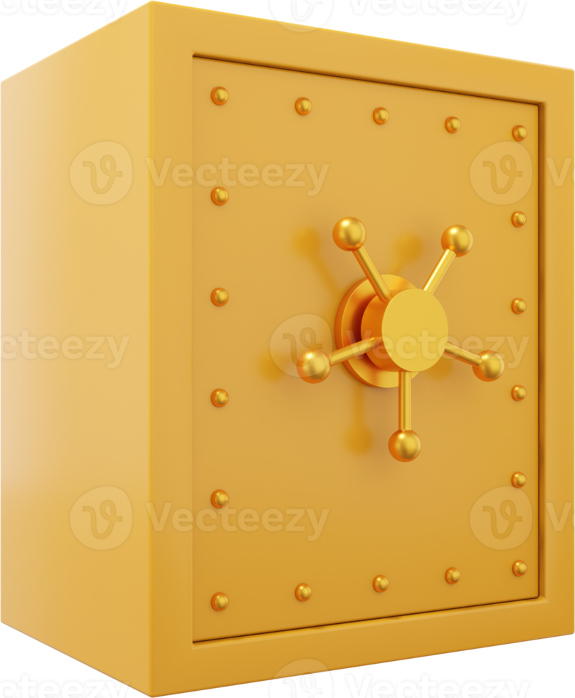 Retro safe with wheel handles. Yellow close storage. PNG icon on transparent background. 3D rendering.