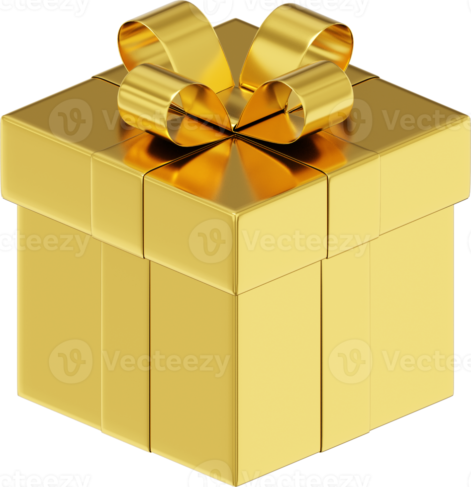 Realistic gold gift box with ribbon. 3D rendering. PNG Icon on transparent background.