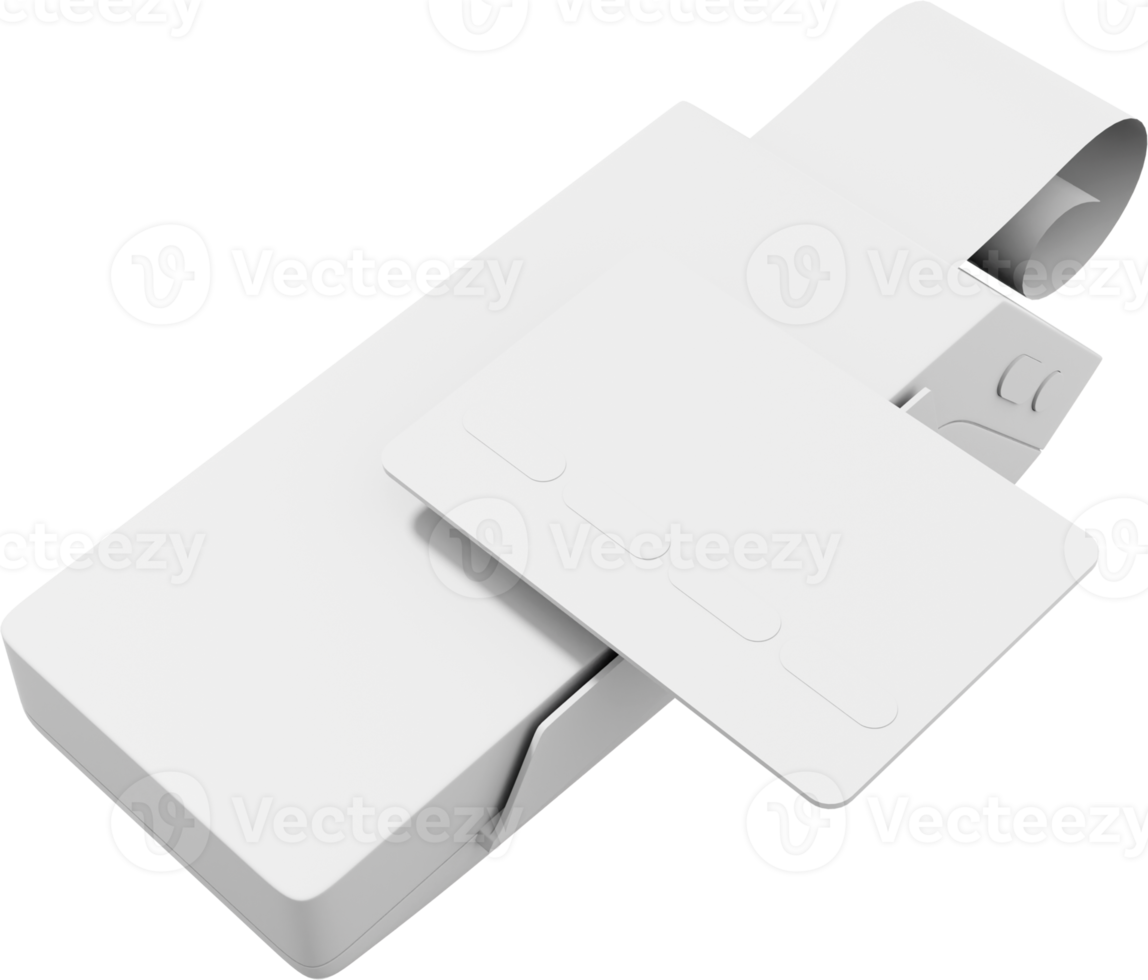 Payment Machine. NFC POS Terminal GPRS point with Paper Receipt and a credit card. Mockup screen. PNG on a transparent background. Monochrome white color. 3D rendering.