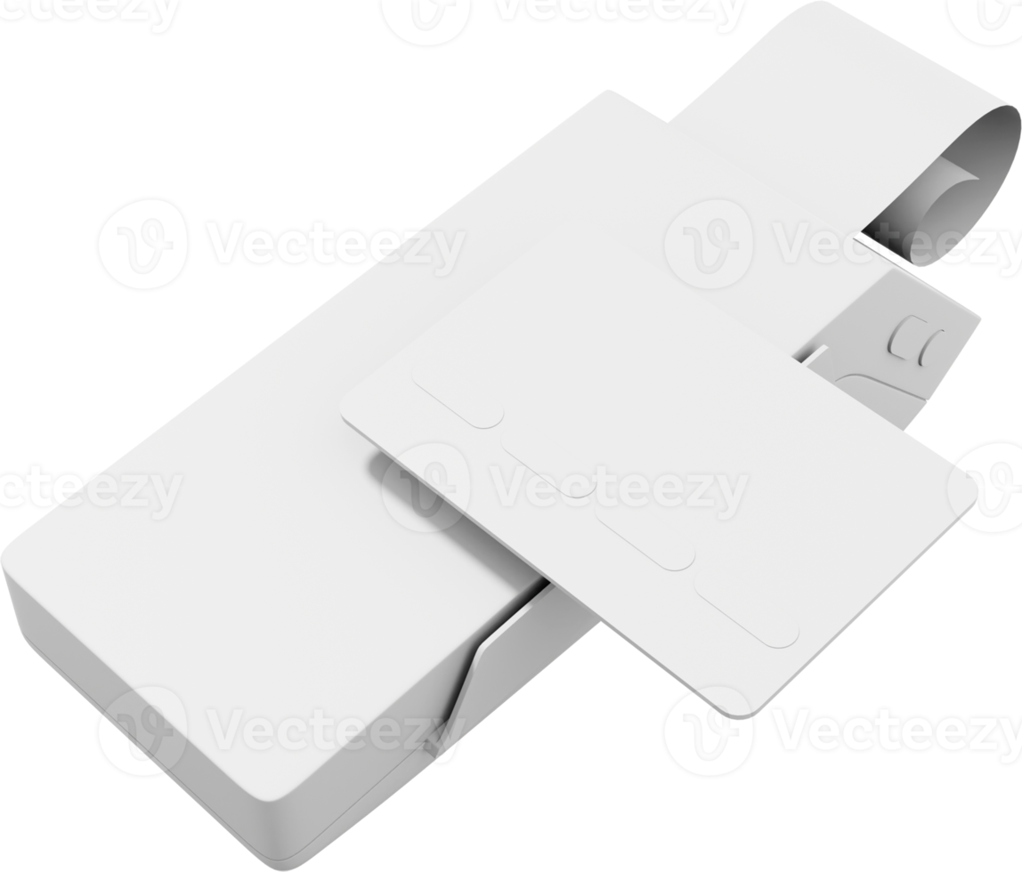 Zahlungsmaschine. nfc pos terminal gprs point mit papierquittung und kreditkarte. Mockup-Bildschirm. png auf transparentem Hintergrund. monochrome weiße Farbe. 3D-Rendering.