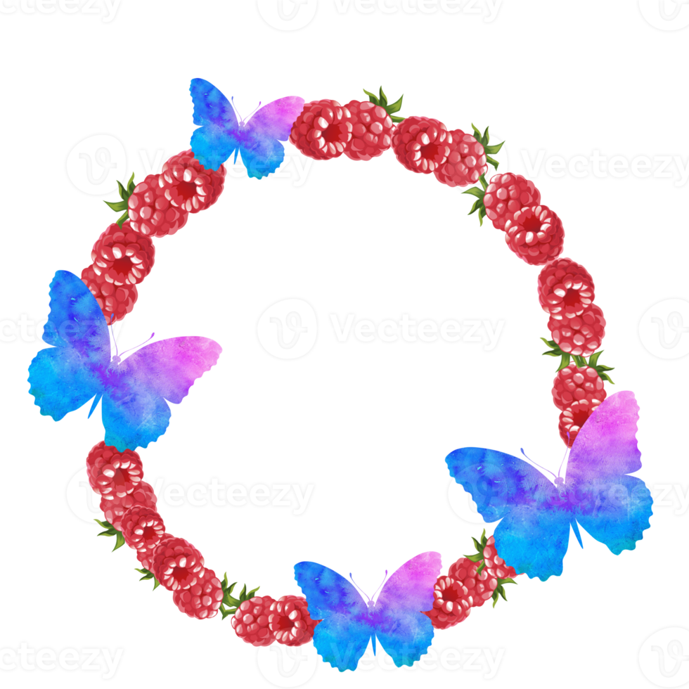 Wreath of raspberry and butterflies. Beautiful design elements. png